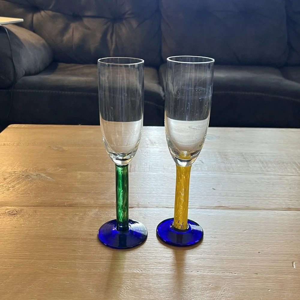 Set of 2 Dansk Colorful Art Glass Champagne Flutes Cobalt Blue Stemware Goblets